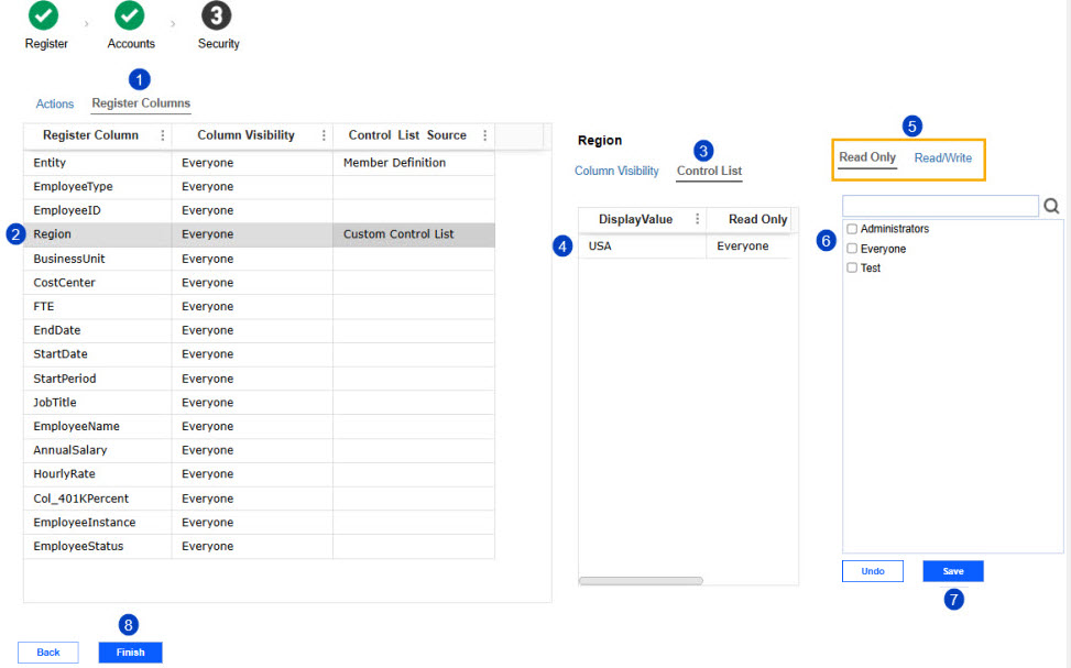 1. Register Columns menu 2. Row of register columns in table 3. Control List button 4. Row of control list value 5. Read Only and Read/Write buttons 6. Security groups for selected control list value 7. Save button 8. Finish button